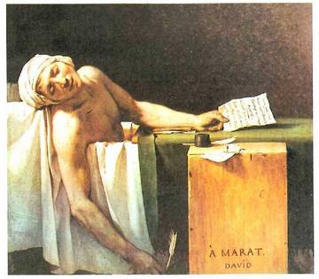 Jacques-Louis Daviden Marat eraila, dramatismo handiz margoturiko koadroa, errealismo tragikoaren erakusgarritzat har daitekeena (1793). Bruselako Arte Ederretako Errege Museoa.<br><br>